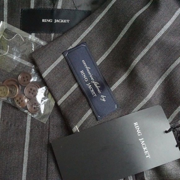 Ring Jacket Gray Wide Striped Silk Blend 2 Pc Suit Jacket Pants Sz 38 BRAND NEW - Picture 1 of 13